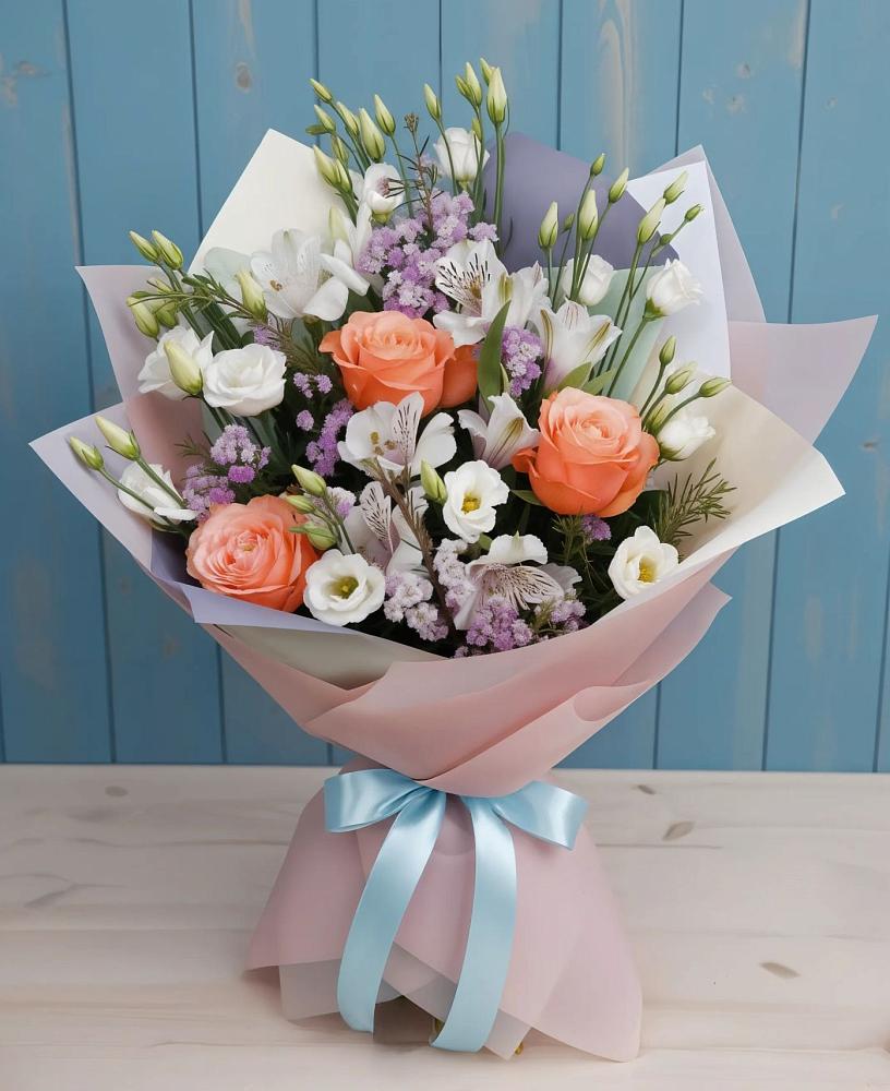 Букет цветов из: Лизиантусы, Розы, Альстромерии и Гипсофила в Нюксенице